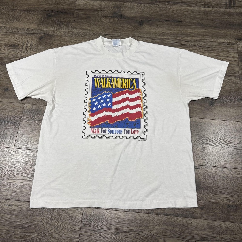 Vintage Hanes Shirt Mens XL White WalkAmerica Flag Graphic Tee 1996 USA